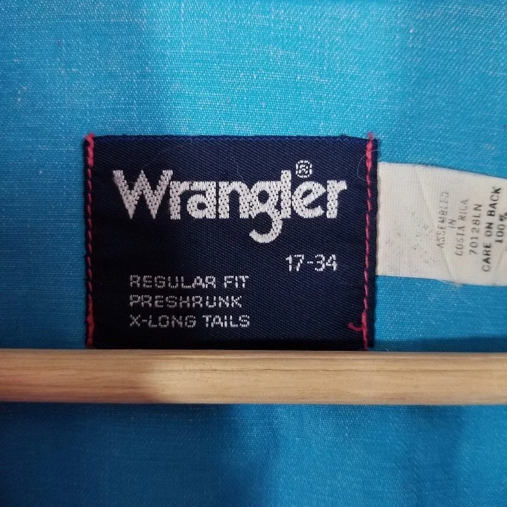 VTG Wrangler Brushpopper Shirt Mens 17 XL Pink Striped Western Rodeo Cowboy Blue